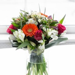 A true celebration of colour and craftsmanship, this elaborate bouquet is a testament to the rich floral tradition found throughout Beddington. Peach gerberas, edged in creamy softness, form a gentle rim around luminous orange centres that capture every drop of morning sunlight streaming through an open window. The scene is deepened by the presence of bold fuchsia roses, lending a sumptuous vibrancy and emotional resonance to the arrangement. White alstroemeria, along with clusters of dainty white filler flowers, are woven throughout, providing brightness and nuanced texture akin to the varied blooms found in Beddington's beloved community gardens. Large, smooth aspidistra leaves sweep protectively around the bouquet's base, grounding the effusive colour in a ring of lush green tranquility. Between them, smaller leaves and fine sprigs create a sense of natural abundance and layered beauty. Presented in a tall, slender glass vase, the bouquet's vivid stems are visible beneath the canopy of blossoms, affirming its freshness and thoughtful design-always hallmarks of Flowers Beddington's artistry. The diffused, luminous backdrop enhances every cheerful tone, making this piece perfect for cheerful gatherings, heartfelt congratulations, or simply conveying gratitude to neighbours and loved ones in Beddington.